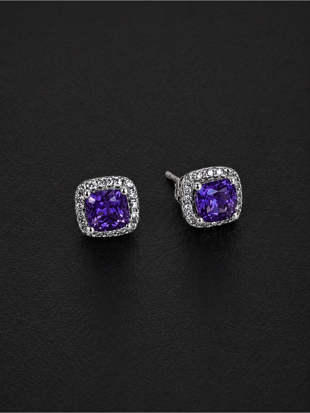 10K White Gold Michael Hill Cushion Cut Amethyst & Diamonds Halo Stud Earrings
